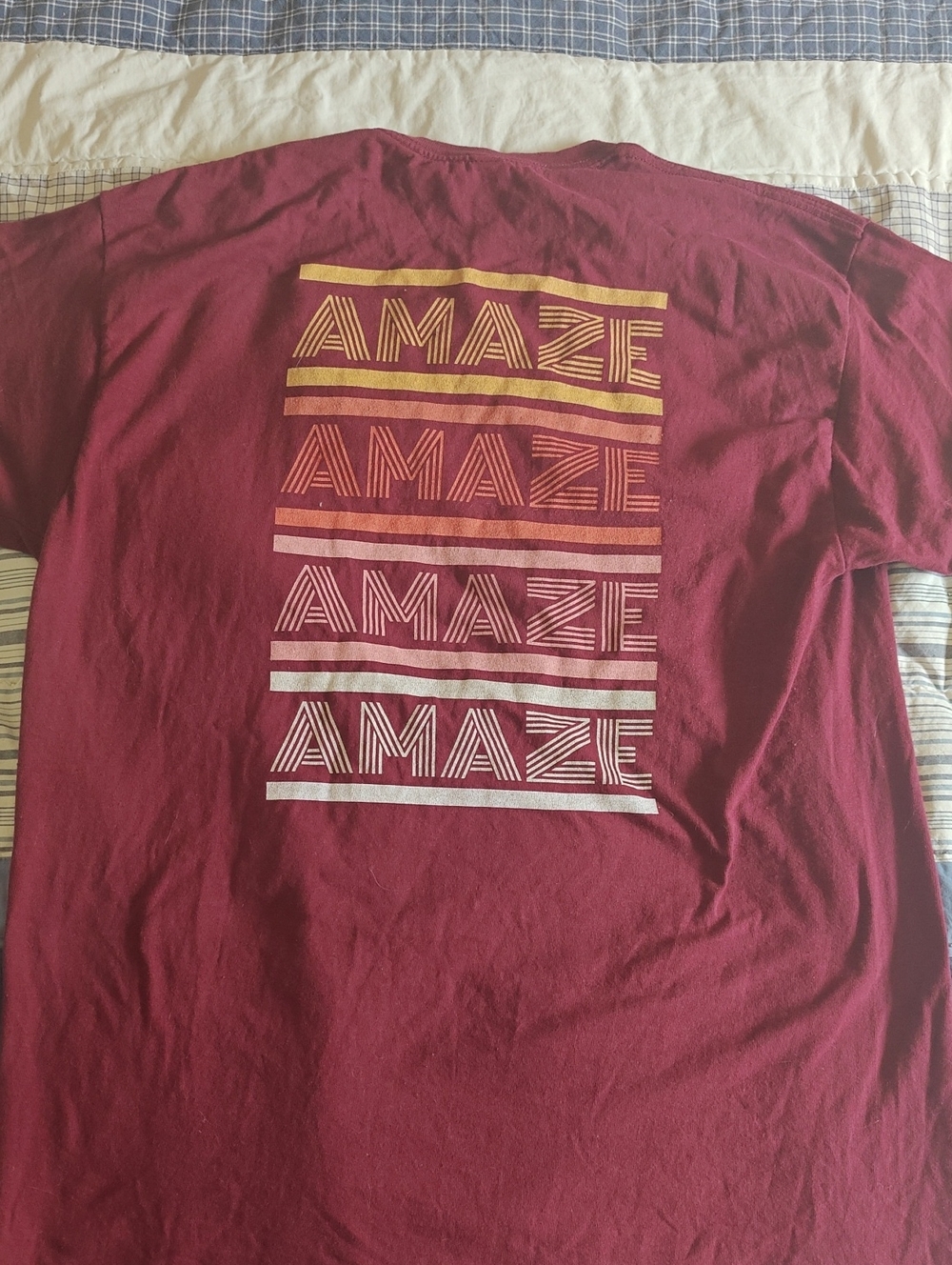 Gildan Maroon 'AMAZE' Stacked Graphic Tee with Yellow & Cream Accents.